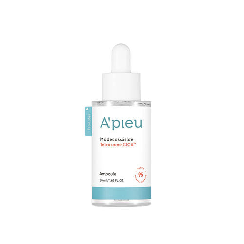 ProtoClinical k-beauty A'pieu Madecassoside Tetrasome CICA Ampoule 50ml single upright ampoule bottle centered on a light background