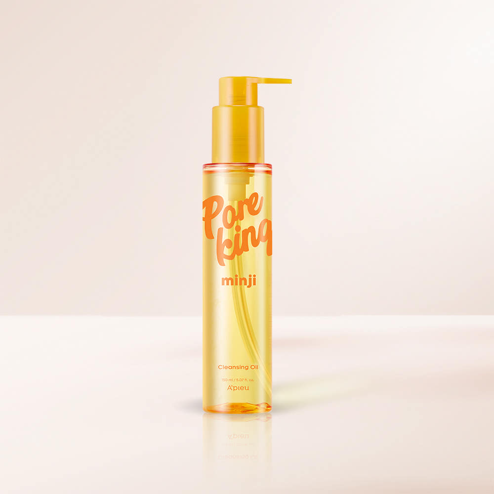ProtoClinical k-beauty A'pieu Pore King Minji Cleansing Oil 150ml single upright cleansing oil bottle centered on a light background.