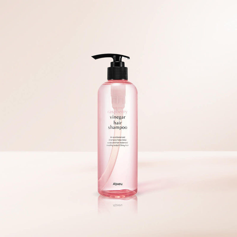 ProtoClinical k-beauty A'pieu Raspberry Vinegar Hair Shampoo 500ml single upright shampoo bottle centered on a light background.