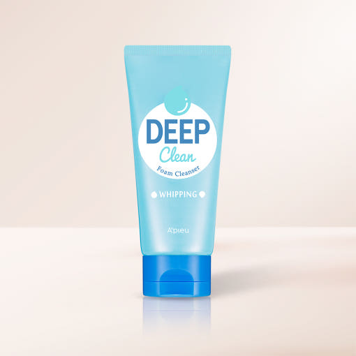 ProtoClinical k-beauty A'pieu Deep Clean Foam Cleanser Whipping 130ml single upright cleansing foam package centered on a light background.