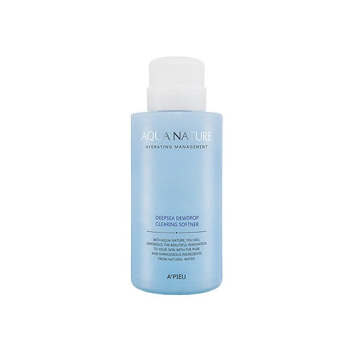 ProtoClinical k-beauty A'pieu Aqua Nature Deep-sea Dew Drop Clearing Softner 500ml single upright blue bottle centered on a pale blue background