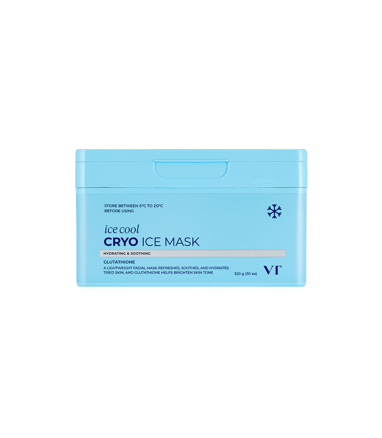 ProtoClinical k-beauty VT: Cryo Ice Mask 320g/ (30Units) tall mask package graphic with cool blue and white packaging tones
