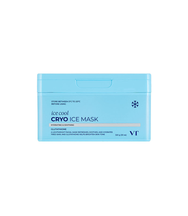 ProtoClinical k-beauty VT: Cryo Ice Mask 320g/ (30Units) tall mask package graphic with cool blue and white packaging tones