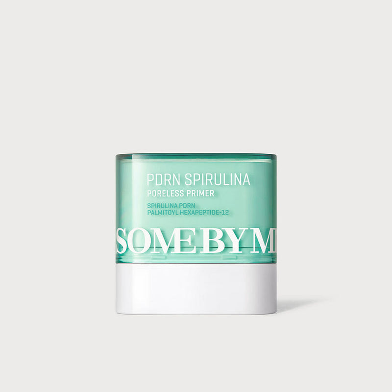 ProtoClinical k-beauty [SOME BY MI] PDRN Spirulina Poreless Primer 10g as a single pale green primer package with a rounded silhouette centered on a light background with soft pink side shading