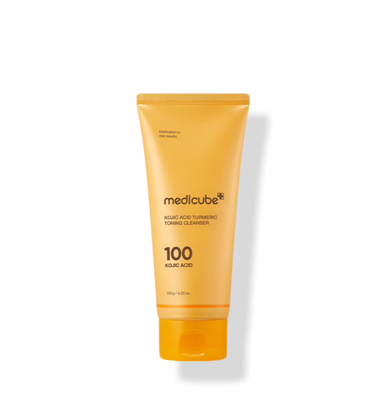 ProtoClinical k-beauty MEDICUBE: Kojic Acid Turmeric Toning Cleanser (120g), single upright golden yellow cleanser tube on a white background.