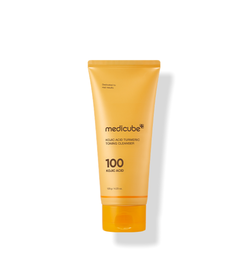 ProtoClinical k-beauty MEDICUBE: Kojic Acid Turmeric Toning Cleanser (120g), single upright golden yellow cleanser tube on a white background.