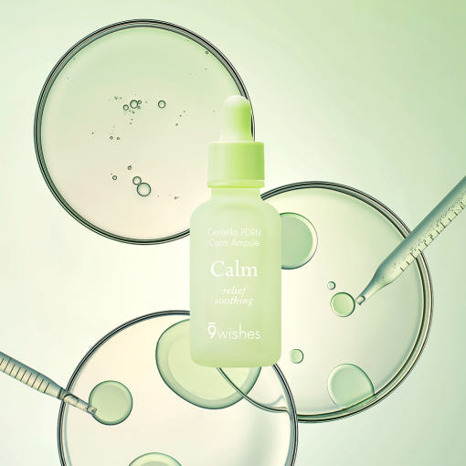 ProtoClinical k-beauty 9wishes Centella PDRN Calm Ampoule 30ml single upright green ampoule bottle centered on a pale green background