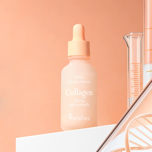 ProtoClinical k-beauty 9wishes PDRN Collagen Ampoule 30ml single upright ampoule bottle centered on a warm peach background