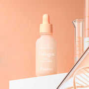 ProtoClinical k-beauty 9wishes PDRN Collagen Ampoule 30ml single upright ampoule bottle centered on a warm peach background