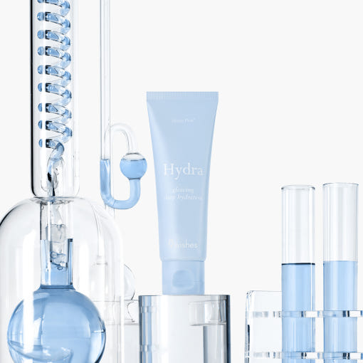 ProtoClinical k-beauty 9wishes Hydra Ampoule Cream Nano Plus+ 50ml three upright blue-gray containers on a pale cream background with soft blue lower accents
