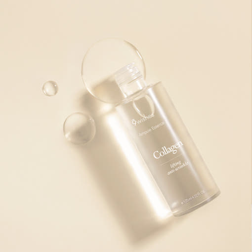 ProtoClinical k-beauty 9wishes Vegan Collagen Ampoule Essence 120ml single upright beige bottle centered on a warm beige background