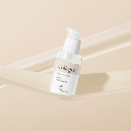 ProtoClinical k-beauty 9wishes Vegan Collagen Ampoule 30ml single upright beige ampoule bottle centered on a light beige background