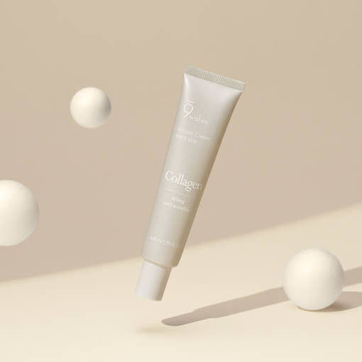 ProtoClinical k-beauty 9wishes Vegan Collagen Ampule Eye & Face Cream 40ml single upright cream package with a warm beige center on a light background with pale aqua and peach side accents