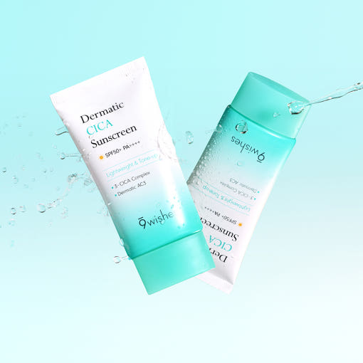 ProtoClinical k-beauty 9wishes Dermatic Cica Sunscreen 50ml single upright sunscreen package centered on a light background