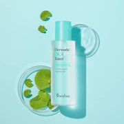 ProtoClinical k-beauty 9wishes Dermatic CICA Toner 150ml single upright dark teal toner package centered on a pale aqua background with soft mint side accents