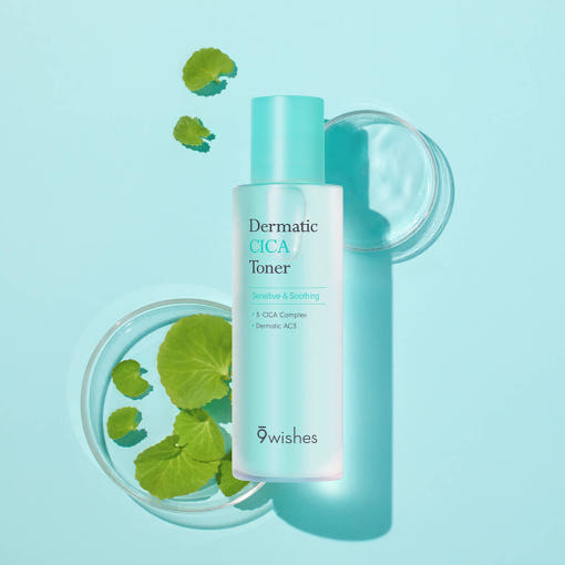 ProtoClinical k-beauty 9wishes Dermatic CICA Toner 150ml single upright dark teal toner package centered on a pale aqua background with soft mint side accents