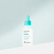 ProtoClinical k-beauty 9wishes Dermatic CICA Ampoule 30ml single upright ampoule bottle centered on a pale aqua background with a soft lilac lower fade