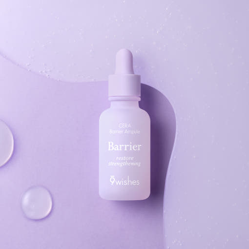 ProtoClinical k-beauty 9wishes CERA Barrier Ampoule 30ml single upright purple ampoule package on a light lavender background with a darker violet center