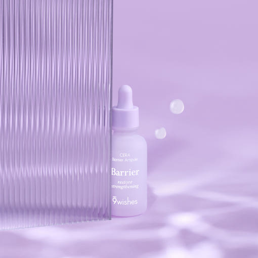 ProtoClinical k-beauty 9wishes CERA Barrier Ampoule 30ml single upright purple ampoule package on a light lavender background with a darker violet center