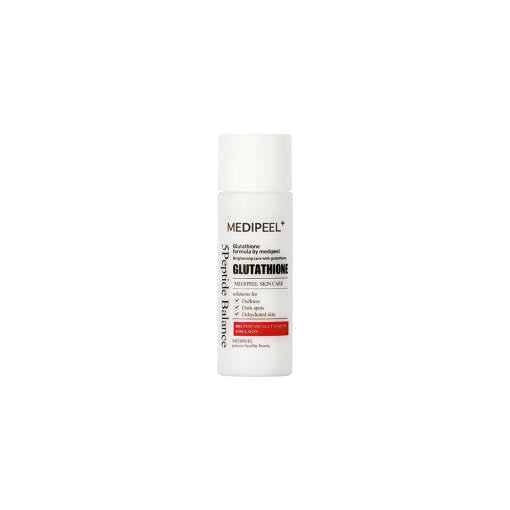 ProtoClinical k-beauty MEDIPEEL Bio Intense Glutathione White Emulsion 30ml shown as a pale peach bottle silhouette centered on a light beige background
