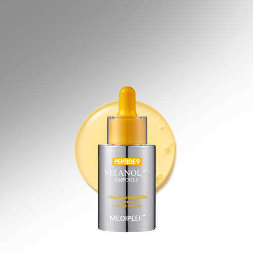 ProtoClinical k-beauty MEDIPEEL Peptide 9 Vitanol Ampoule Pro 30ml warm beige bottle silhouette centered on a white background with pale blue side shading