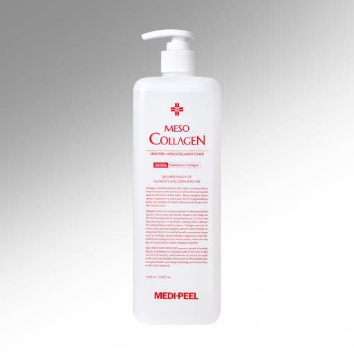 ProtoClinical k-beauty MEDIPEEL MESO COLLAGEN TONER 1000ml shown as a tall pale bottle silhouette centered on a light background