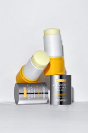 ProtoClinical k-beauty MEDIPEEL PEPTIDE 9 VITANOL SUN STICK PRO SPF50+ PA++++ 23g single upright gold sun stick package on a white background with pale blue side accents.