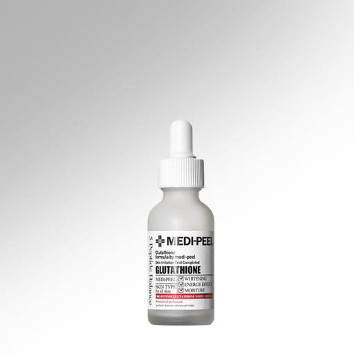 ProtoClinical k-beauty MEDIPEEL Bio-Intense Glutathione White Ampoule 30ml shown as a pale peach bottle silhouette centered on a light background with soft blue side shading