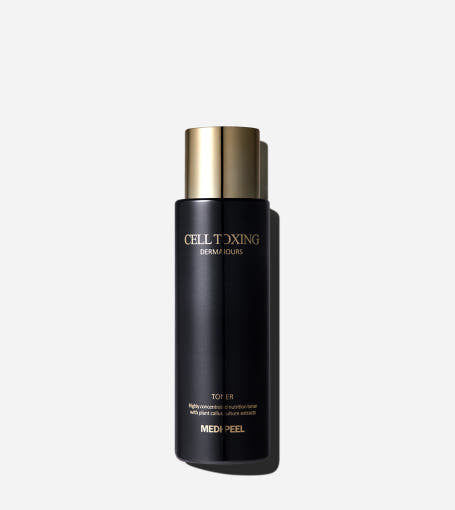 ProtoClinical k-beauty MEDIPEEL Cell Toxing Dermajours Toner 250ml as a single upright charcoal toner bottle centered on a light beige background with soft cream side panels.
