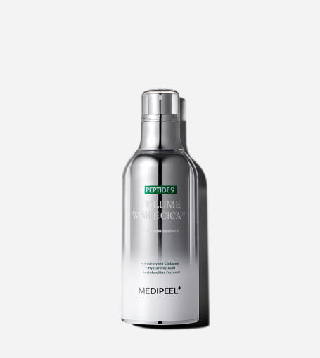 ProtoClinical k-beauty MEDIPEEL Peptide 9 Volume White Cica Essence Pro 100ml as a single upright blue-gray essence bottle centered on a white background with pale blue side accents.