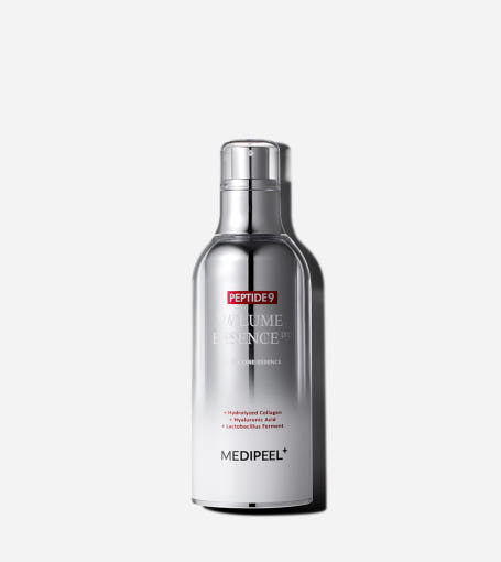 ProtoClinical k-beauty MEDIPEEL Peptide 9 Volume ALL IN ONE Essence Pro 100ml as a single upright gray essence bottle centered on a pale lavender background with soft cream side panels.