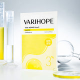 ProtoClinical k-beauty VARIHOPE: Vita-aging Pure C Mask Pack Ea (25ml x 5) bright yellow mask pack box standing upright over stacked boxes on a soft yellow background