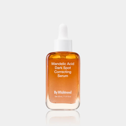 ProtoClinical k-beauty [By Wishtrend] Mandelic Acid Dark Spot Correcting Serum 30ml single amber serum bottle centered on a pale blue and cream background