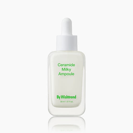 ProtoClinical k-beauty [By Wishtrend] Ceramide Milky Ampoule 30ml single light gray ampoule bottle centered on a pale background with soft green side tones