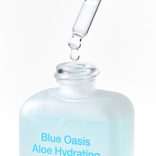 ProtoClinical k-beauty [By Wishtrend] Blue Oasis Aloe Hydrating Serum 30ml single aqua serum bottle centered on a pale background