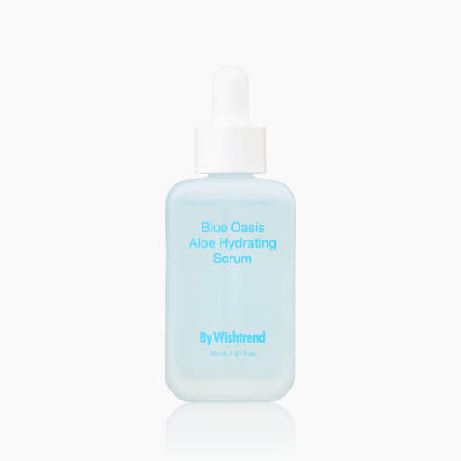 ProtoClinical k-beauty [By Wishtrend] Blue Oasis Aloe Hydrating Serum 30ml single aqua serum bottle centered on a pale background