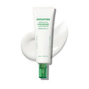 ProtoClinical k-beauty innisfree Green tea Hyaluronic Sun Serum SPF50+ PA++++ 50ml sun serum packaging shown in a centered square packshot.