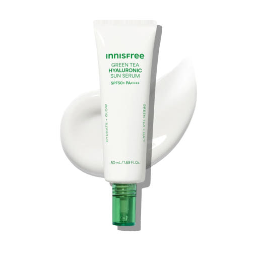 ProtoClinical k-beauty innisfree Green tea Hyaluronic Sun Serum SPF50+ PA++++ 50ml sun serum packaging shown in a centered square packshot.