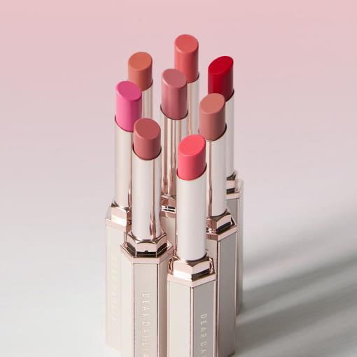 ProtoClinical k-beauty [DEAR DAHLIA] Lip Allure Glow Shine 2.4g (8colors) single rosy lip color swatch centered on a pale aqua and white background