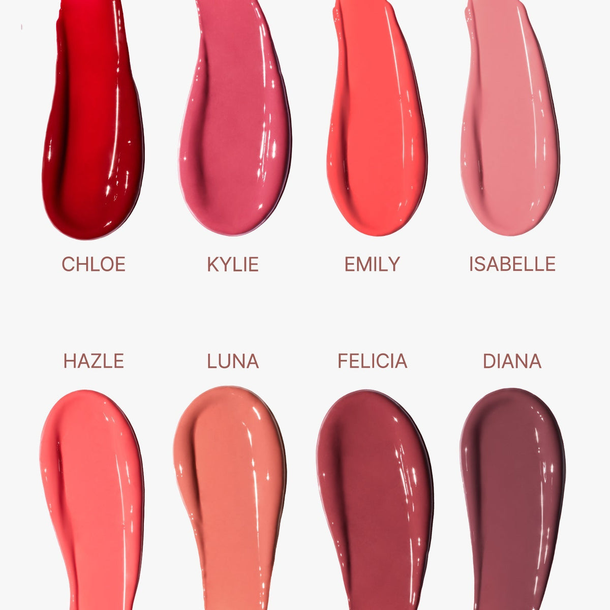 ProtoClinical k-beauty [DEAR DAHLIA] Lip Paradise Sensual Lip Glow 3.3g (8colors) warm peach lip glow collage with dark accents and pale lower panels on a light background