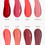 ProtoClinical k-beauty [DEAR DAHLIA] Lip Paradise Sensual Lip Glow 3.3g (8colors) warm peach lip glow collage with dark accents and pale lower panels on a light background
