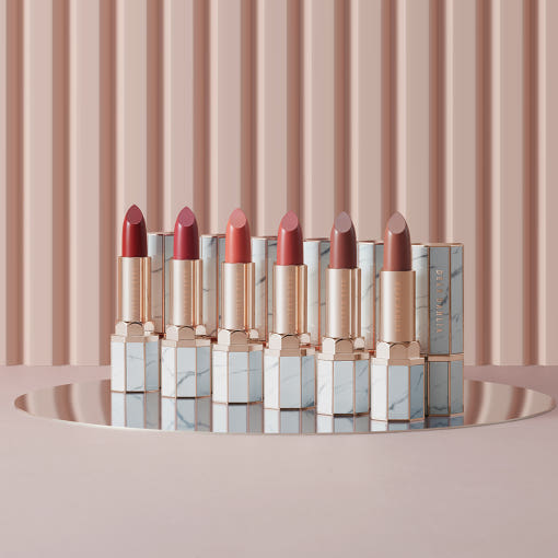 ProtoClinical k-beauty [DEAR DAHLIA] Lip Paradise Sheer Dew Lipstick 3.4g beige and rose lipstick graphic with a dark upper section and warm lower panels