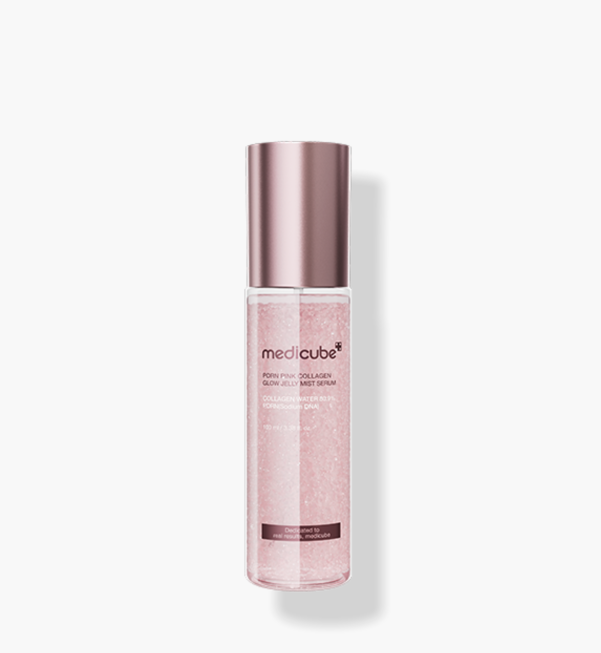 ProtoClinical k-beauty MEDICUBE: PDRN Pink Collagen Glow Jelly Mist Serum (100ml) single upright pale pink mist bottle centered on a light background