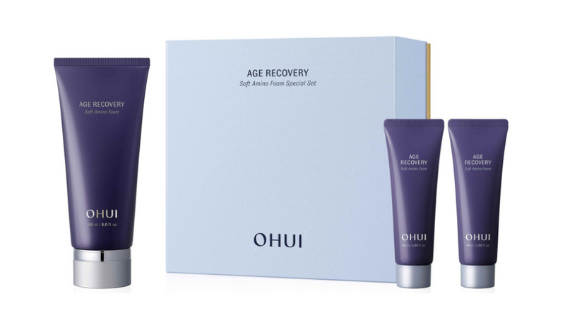 ProtoClinical k-beauty O HUI Age Recovery Soft Amino Foam Special Set (180ml+45mlx2ea) wide rectangular cleanser set graphic on a light background