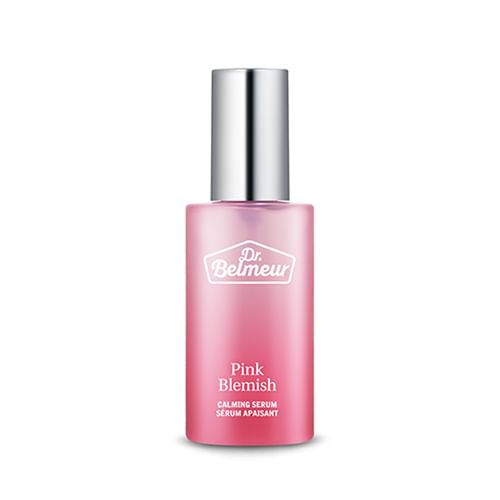 ProtoClinical k-beauty Dr.Belmeur Pink Belmish Calming Serum 50ml single upright pink serum bottle centered on a white background with pale mint and blush side accents