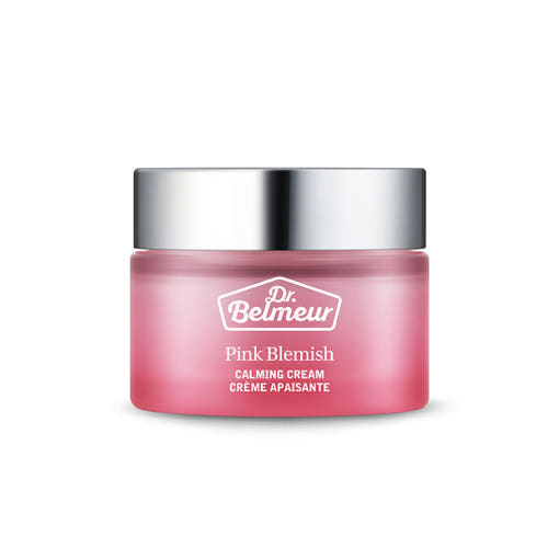 ProtoClinical k-beauty Dr.Belmeur Pink Blemish Calming Cream 50ml single rounded pink cream jar centered on a white background with pale mint corner accents