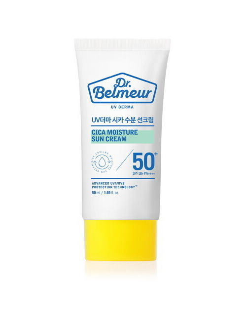 ProtoClinical k-beauty Dr.Belmeur UV Derma Cica Moisture Sun Cream SPF50+ PA++++ 50ml single upright sun cream package centered on a light background.