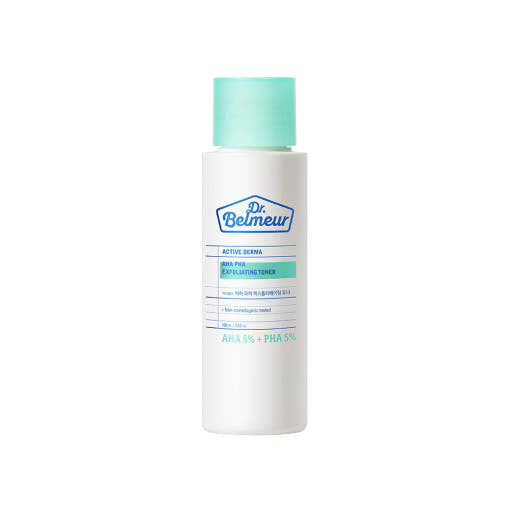 ProtoClinical k-beauty Dr.Belmeur AHA PHA Exfoliating Toner 100ml single upright pale aqua toner bottle centered on a white background with soft pink side accents