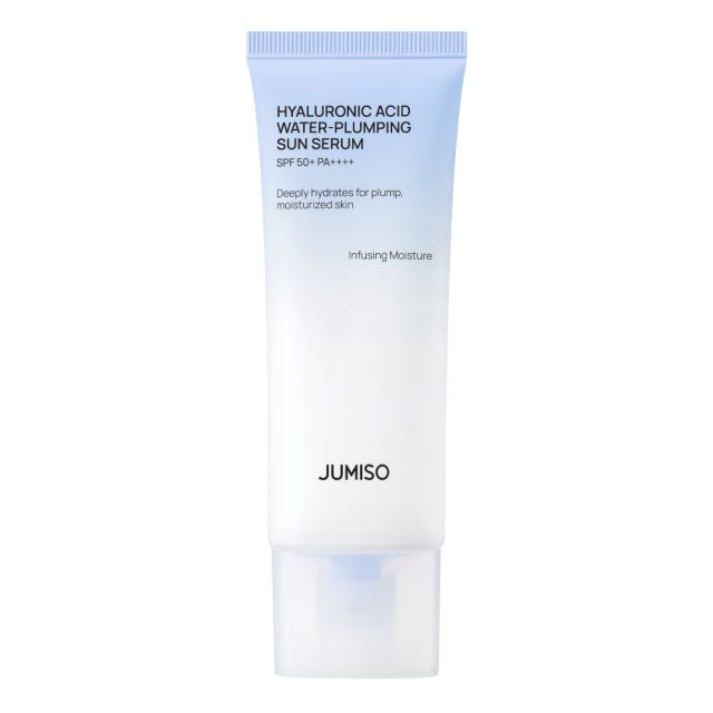 ProtoClinical k-beauty Jumiso Hyaluronic Acid Water Plumping Sun Serum SPF50+ PA++++ 40ml single upright pale lavender sun serum tube centered on a light background.