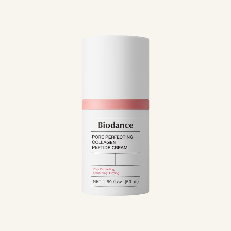 BIODANCE: Pore Perfecting Collagen Peptide Cream (50ml) by ProtoClinical shown in front-facing cream packaging on a clean white background, highlighting the product presentation for a k-beauty skincare routine.